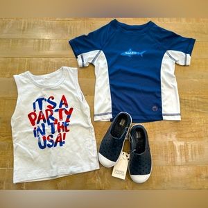 Kids boys summer swim rash guard shirt shark and 4th of July tank and shoes
